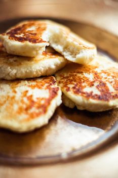 Lactose free, low carb cottage cheese pancakes, cookbook recipe - healthy nutrition, rustic and traditional food concept. Your favourite homemade breakfast is served