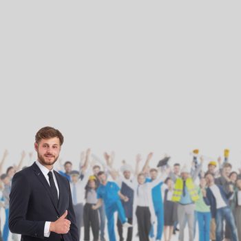 Businessman with thumb up in front of crowd of professions people cooperation job search staff management hr concept