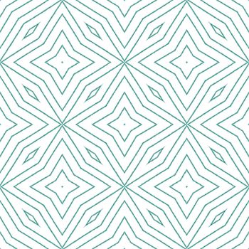 Striped hand drawn pattern. Turquoise symmetrical kaleidoscope background. Repeating striped hand drawn tile. Textile ready bewitching print, swimwear fabric, wallpaper, wrapping.