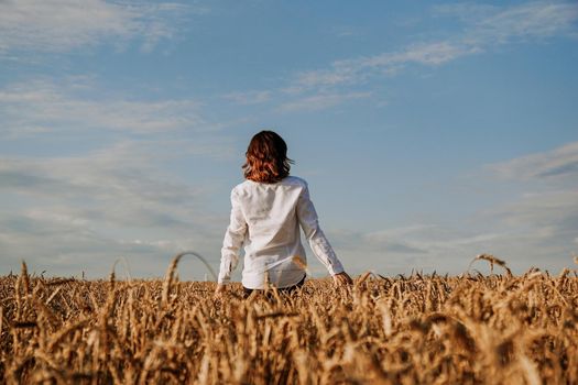 A woman in a white shirt in a rye field. View from the back. The concept of pacification, meditation, happiness, harmony