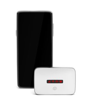 Mobile wifi router and modern smartphone on white background