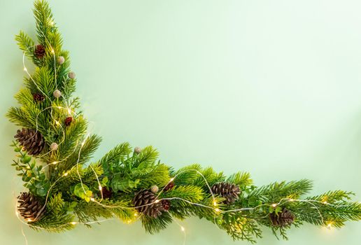 Christmas tree corner decoration on green background