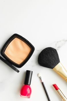 Make-up and cosmetics on marble, flatlay - modern feminine lifestyle, vlog background and styled stock concept. Beauty inspiration in a fashion blog