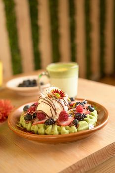 delicious waffle on wooden table. delicious breakfast waffle.