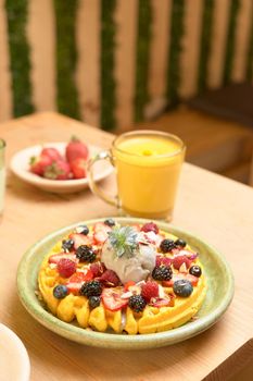 delicious waffle on wooden table. delicious breakfast waffle.