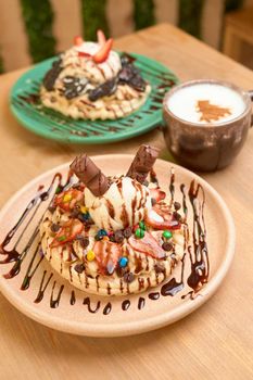 delicious waffle on wooden table. delicious breakfast waffle.