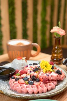 delicious waffle on wooden table. delicious breakfast waffle.