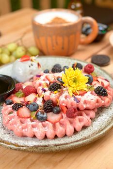 delicious waffle on wooden table. delicious breakfast waffle.