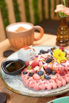 delicious waffle on wooden table. delicious breakfast waffle.