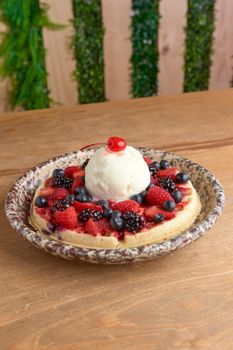 delicious waffle on wooden table. delicious breakfast waffle.