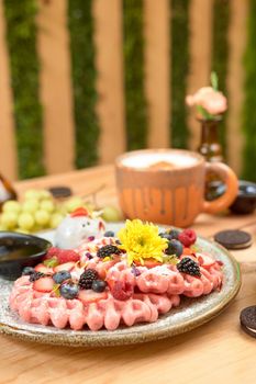 delicious waffle on wooden table. delicious breakfast waffle.