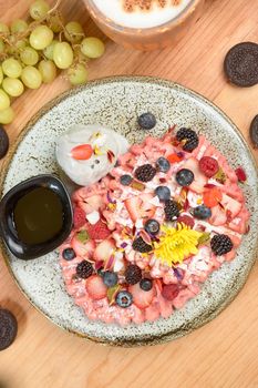 delicious waffle on wooden table. delicious breakfast waffle.