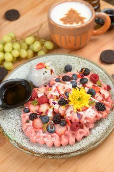 delicious waffle on wooden table. delicious breakfast waffle.