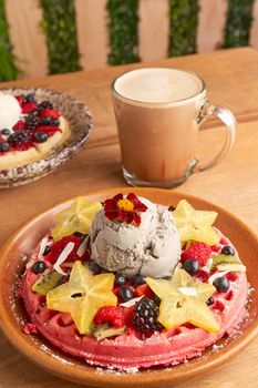 delicious waffle on wooden table. delicious breakfast waffle.