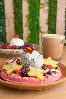 delicious waffle on wooden table. delicious breakfast waffle.