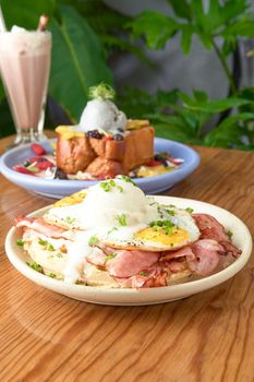 delicious waffle on wooden table. delicious breakfast waffle.