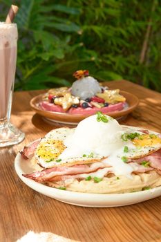 delicious waffle on wooden table. delicious breakfast waffle.