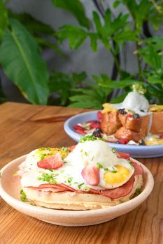 delicious waffle on wooden table. delicious breakfast waffle.