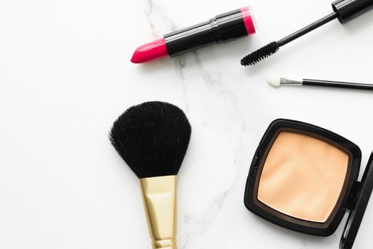 Make-up and cosmetics on marble, flatlay - modern feminine lifestyle, vlog background and styled stock concept. Beauty inspiration in a fashion blog