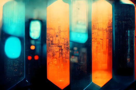 abstract teal-orange hight-tech cyberpunk background, neural network generated art.