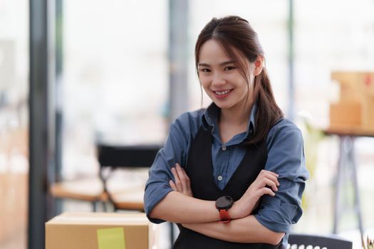 Portrait of modern Asian SME business woman entrepreneur at home office.