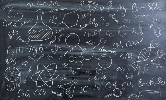 Background of a school board with scribbles painted chalk. A traditional image of chemistry. High quality illustration