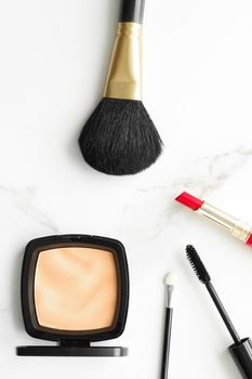 Make-up and cosmetics on marble, flatlay - modern feminine lifestyle, vlog background and styled stock concept. Beauty inspiration in a fashion blog