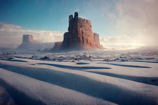 Monument valley covered with snow and ice, climate change neural network generated concept art. Digitally generated image. Not based on any actual scene or pattern.