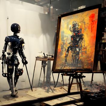anthropomorphic robot artist in the studio next to the easel, painting and paints while working - neural network generated art, picture produced with ai in 2022