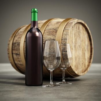 Wine bottle, glasses and old barrel. 3D illustration.