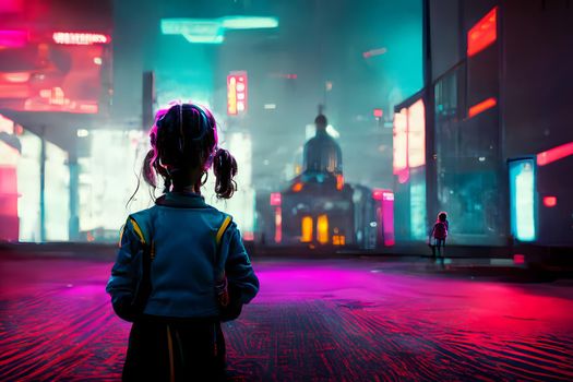 Back facing little girl with backpack looking at night neon cyberpunk street with old church, neural network generated art. Digitally generated image. Not based on any actual scene or pattern.