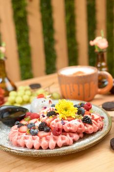 delicious waffle on wooden table. delicious breakfast waffle.