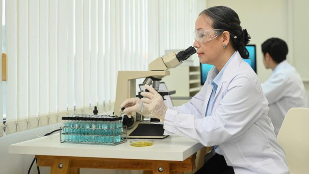 Mature female scientist in white coat examining samples and liquid in laboratory. Medicine and science researching concepts.