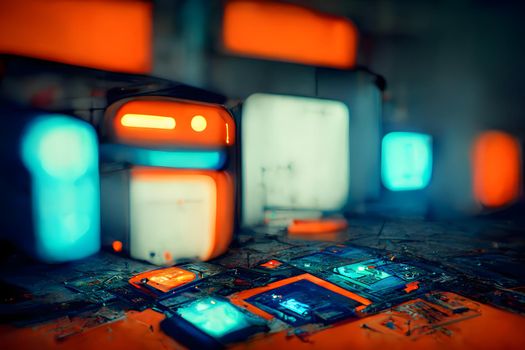 abstract teal-orange hight-tech cyberpunk background, neural network generated art.