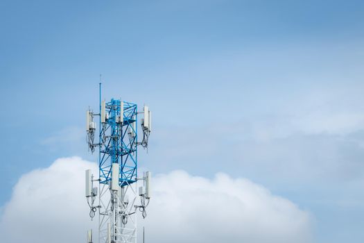 Telecommunication equipment for 5g radio network. Telecommunication tower. Antenna for wireless network. Broadcasting tower for internet communication. Broadcast antenna. Cell phone 5g antenna.