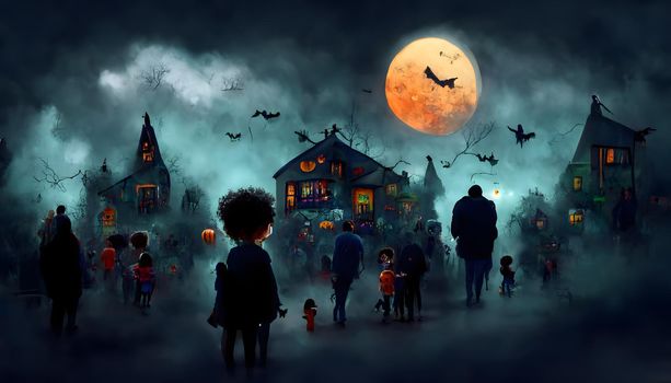 kids playing on night halloween street, american neighborhood background, neural network generated art. Digitally generated image. Not based on any actual scene or pattern.