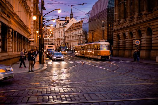 Old tram on the street of the old city in the evening, Czech Republic, Prague 11, October, 2017