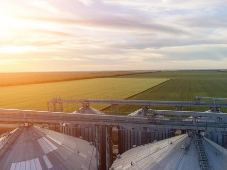 Grain elevator. Metal grain elevator in agricultural zone. Agriculture storage for harvest. Grain silos on green nature background. Exterior of agricultural factory