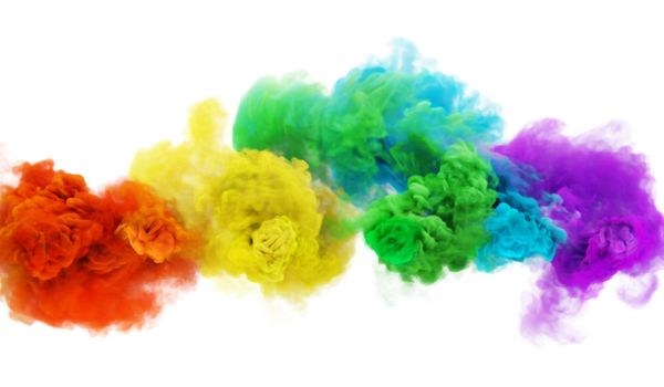 Rainbow color puffs of smoke in white background. Color 3D render abstract fog texture on a white background for social fest and fan party