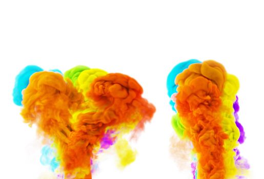 Puffs of magic multicolor smoke. Orange and yellow and blue. Fog multicolor texture. 3D render abstract background.