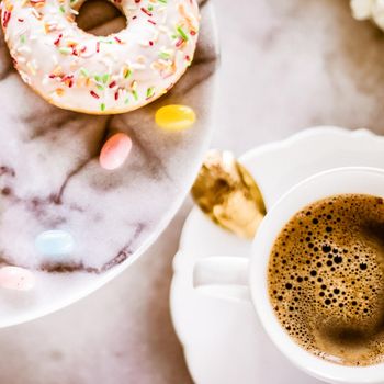 Vintage cup of flavored espresso, flatlay - perfect breakfast and feminine styled concept. I love my morning coffee