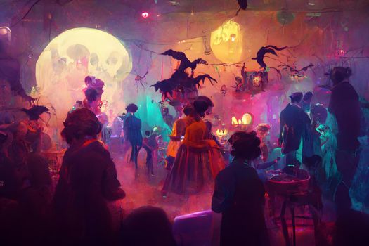 colorful halloween indoor party, neural network generated art. Digitally generated image. Not based on any actual scene or pattern.