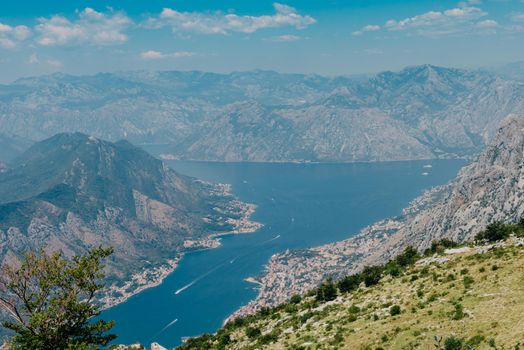 Beautiful nature mountains landscape. Kotor bay, Montenegro. Views of the Boka Bay, with the cities of Kotor and Tivat with the top of the mountain, Montenegro.