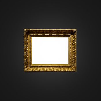 Antique art fair gallery frame on royal black wall at auction house or museum exhibition, blank template with empty white copyspace for mockup design, artwork concept