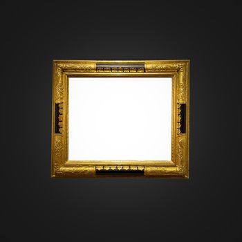 Antique art fair gallery frame on royal black wall at auction house or museum exhibition, blank template with empty white copyspace for mockup design, artwork concept