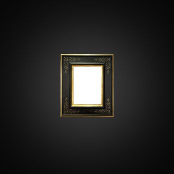 Antique art fair gallery frame on royal black wall at auction house or museum exhibition, blank template with empty white copyspace for mockup design, artwork concept