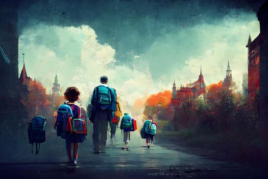 many children students with schoolbag backpacks in school corridor, abstract painting-like neural network ai generated art, picture produced with ai in 2022