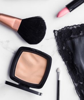 Modern feminine lifestyle, blog background and styled stock concept. Beauty and fashion inspiration - Make-up and cosmetics flatlay on marble