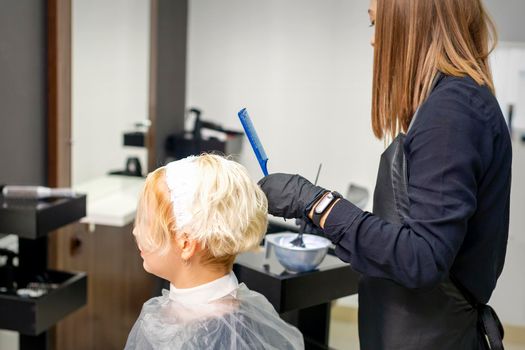 A female hairdresser is dyeing the hair of a young female client in white color in a hair salon