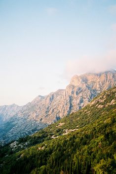 Green rocky mountains against the blue sky. High quality photo